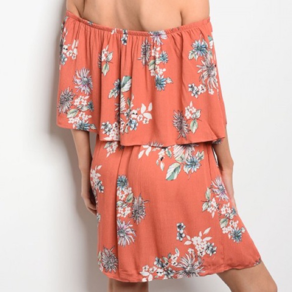 Light Orange Floral Off Shoulder Ruffle Dress - Picture 4 of 4